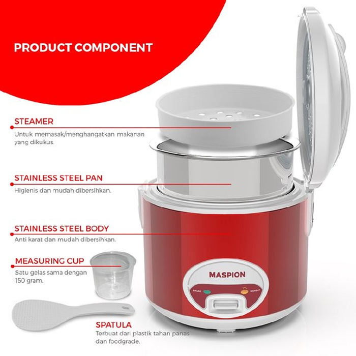Maspion Rice Cooker 3 IN 1 Merah 1.8 L - MRJ1808MSN | MRJ1808 MSN